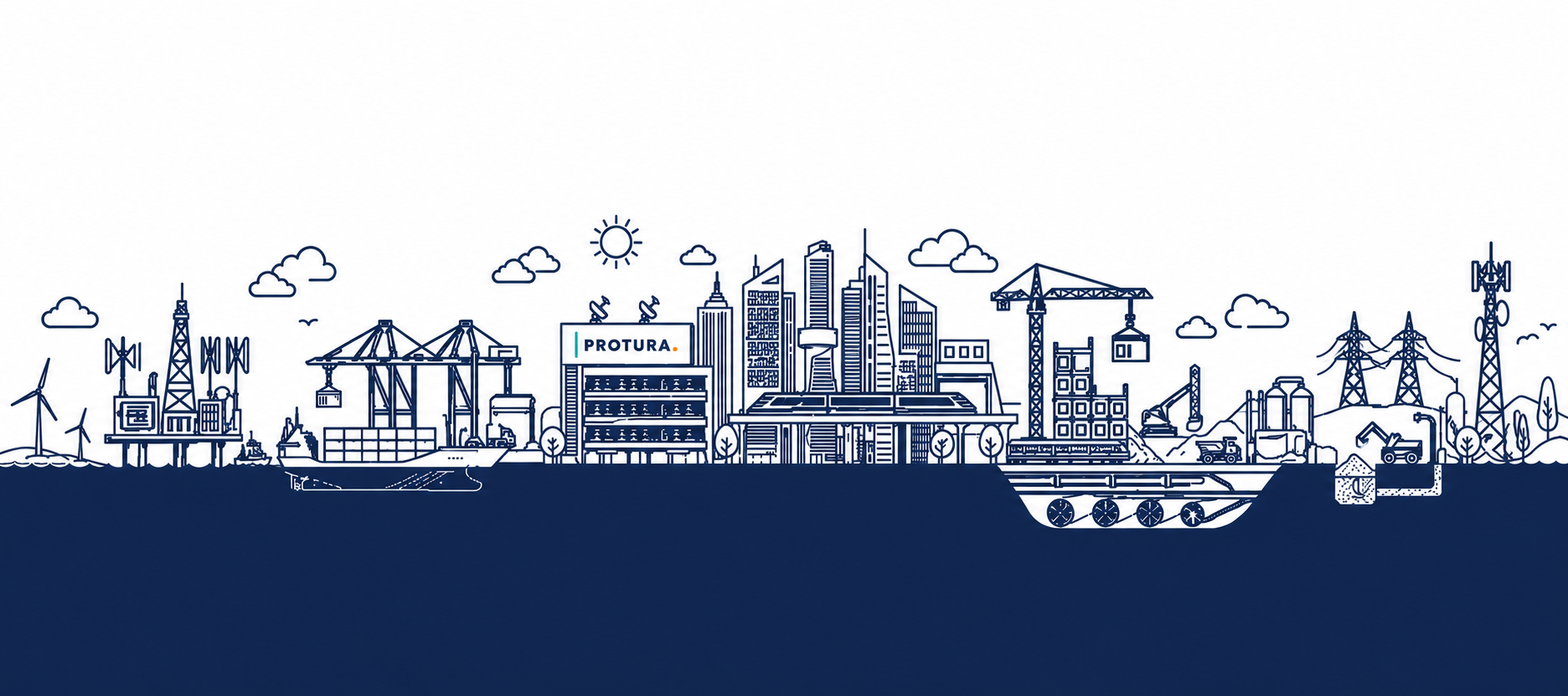 Line illustration of port, rail and civil infrastructure